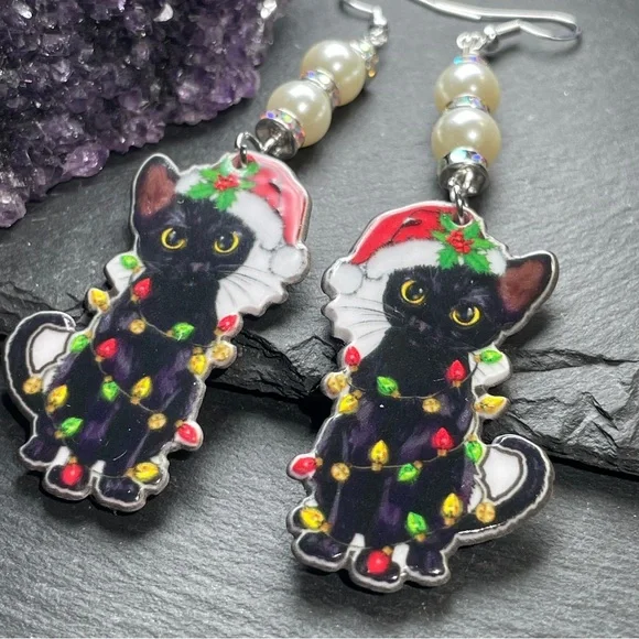 SOLD Holiday Festive Black Cat Christmas And Santa Clause Hat Earrings - Picture 5 of 8